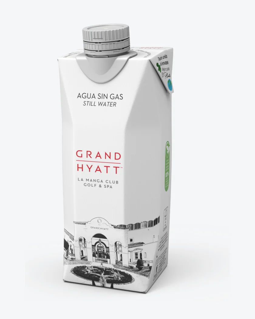 Referenz unseres Produktionspartners: gebrandete Karton-Wasserflasche für Grand Hyatt (Hotellerie)
