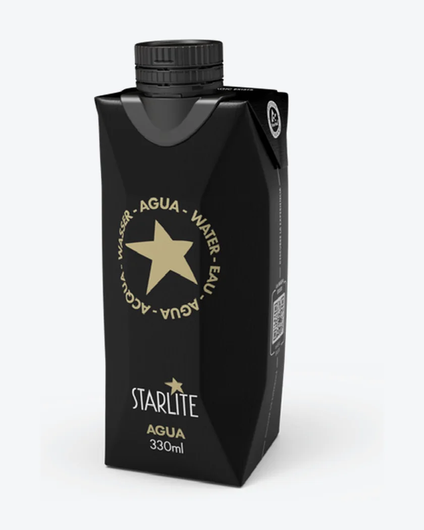 Referenz unseres Produktionspartners: gebrandete Karton-Wasserflasche für Starlite (Veranstaltungen)